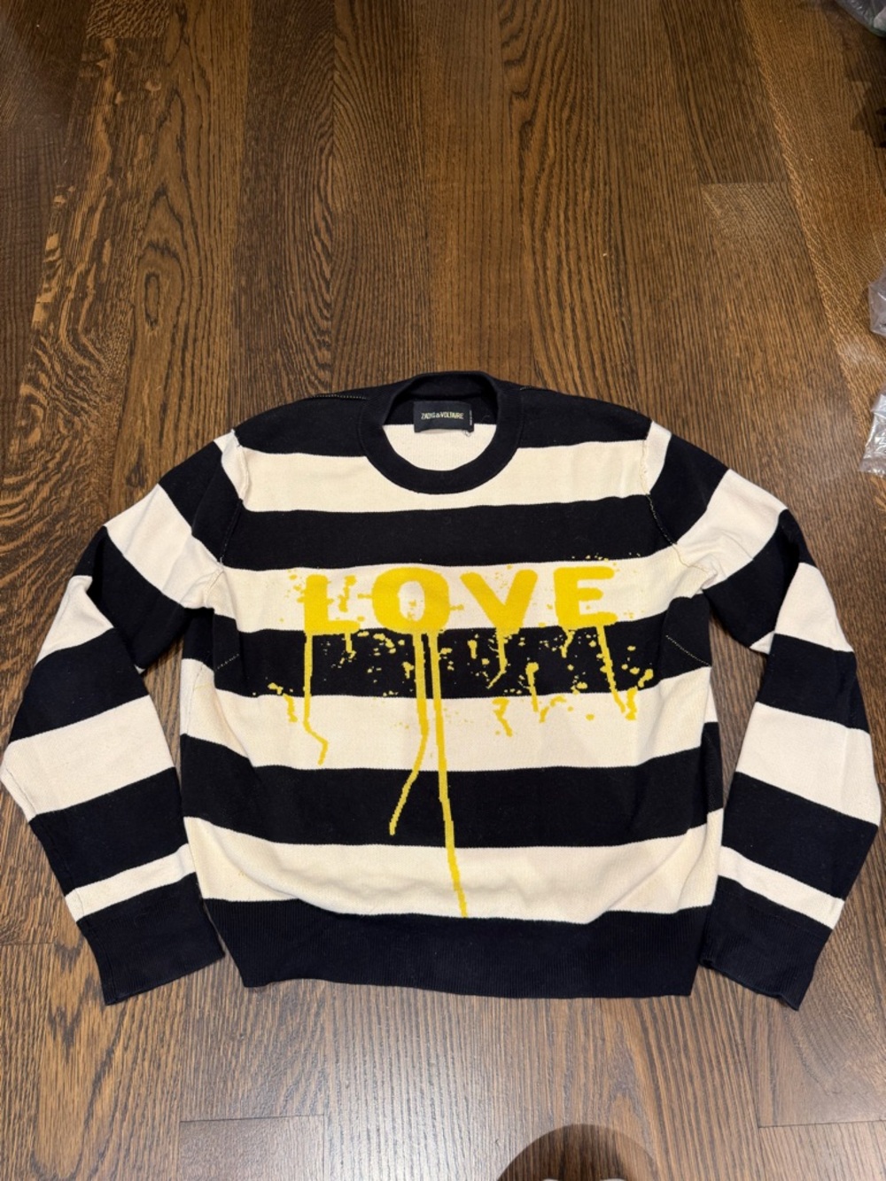 Zadig & Voltaire Black and Cream Striped Crewneck Sweater with Yellow 'LOVE'